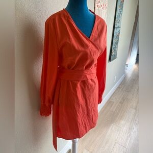 Elegant Coral Linen Wrap Dress